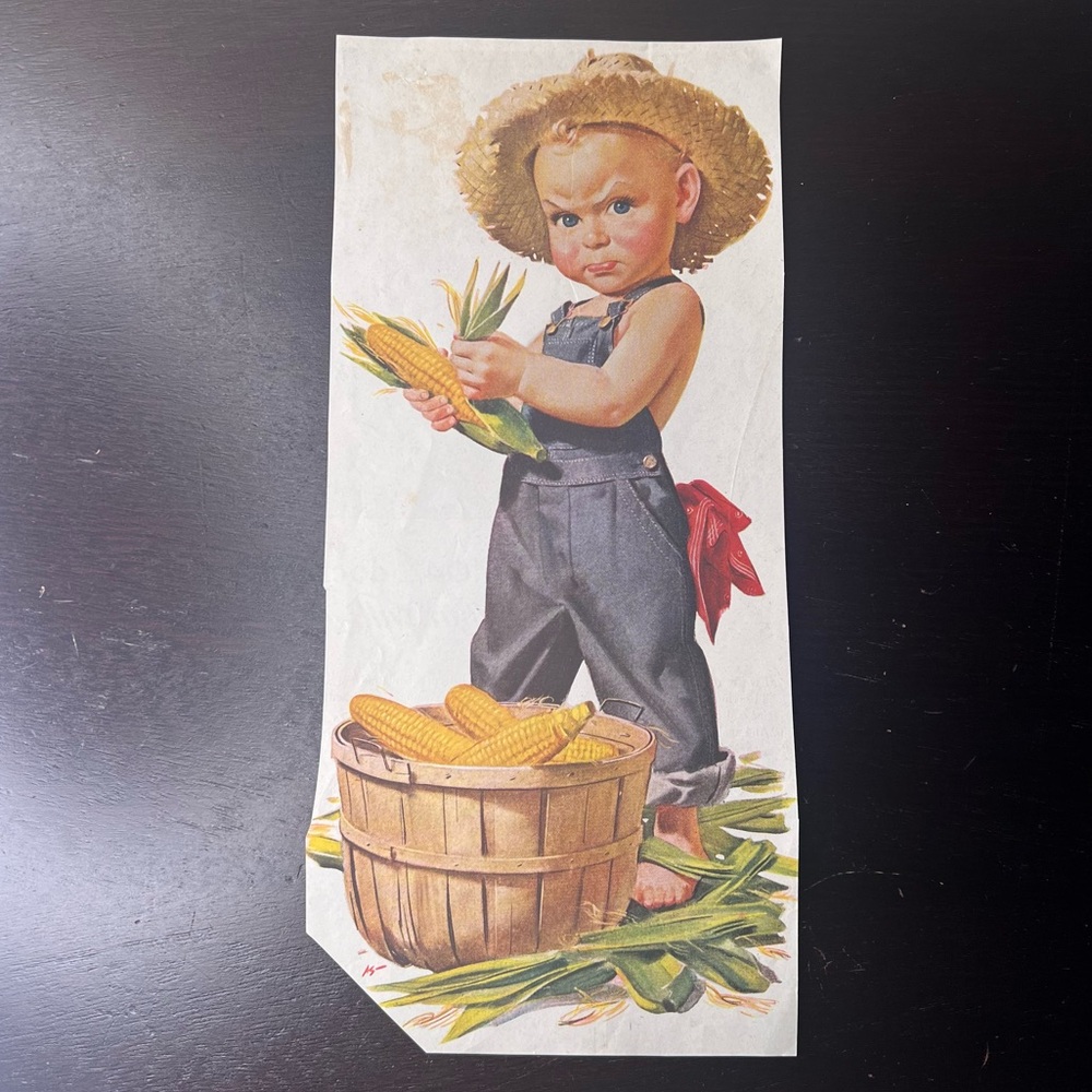 Vintage Paper Ephemera Farm Boy Corn Illustration Childrens Wall Art